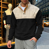 Riolio  Men's Corduroy Color Block Henley Shirt Casual Button-Up Stand Collar Pullover with Elbow Patches