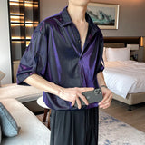 Riolio Men Shiny Design Casual Shirt Trendy Handsome Shirts Fashion Loose Half Sleeve Tops Korean Style Personality Clothing