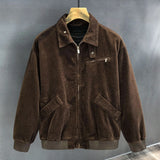 Riolio Autumn Winter Vintage Lapel Jacket Caramel Dark Coffee Retro Top Corduroy Texture Zipper Coat Men's American Multiple Pockets