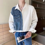 Riolio  Daily Streetwear Mens Denim Patchwork Shirt Clothes Fashion Turn-down Collar Long Sleeve Button Shirts For Men Fall Casual Tops