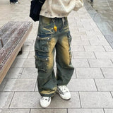 Riolio Y2k Hip Hop Retro Streetwear Mens Jeans Distressed Faded Washed Oversized Pockets Loose Cargo Pants High Street Wide Leg Pants