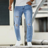 Riolio  Men's Light Blue Ripped Washed Slim - Fit Jeans, Trendy Street Tapered Pants