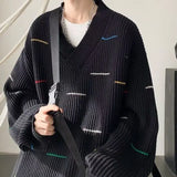 Riolio Korean lazy style striped V-neck sweater for men and women in autumn and winter trendy loose casual couple Harajuku casual top