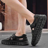 Riolio  Summer Men Genuine Leather Outdoors Sandals Casual Leather Hollow Soft Bottom Breathable Soft Sole Shoes Classic Fashion Sandals