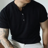Riolio New Fashion American Style Men T-shirt Light Luxury Knitted Henry Collar Tees Casual Solid Color Short Sleeve Breathable Tops