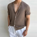 Riolio  Breathable Ice Silk Knitted Mens Shirts Slim Fit Short Sleeve Button-up Casual Shirt Summer Trendy Solid Color Knit Shirts