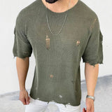 Riolio Vintage Knitting T Shirts Men Summer Short Sleeve O Neck Fashion Ripped Tee Streetwear Mens Leisure Solid Color Knit Jumper Tops