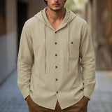 Riolio  Men's Casual Button Down Hooded Shirt Long Sleeve Cotton Blend Drawstring Top with Pocket