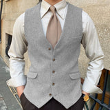 Riolio  Men Vest Blue Herringbone Solid Color Single Button Waistcoat For Wedding Business Banquet Work Formal Men Suit Vest
