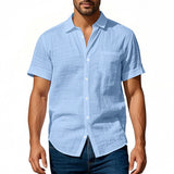 Riolio  Cross-border Men's Hawaiian Style Flax Casual Henry Neck Lapel Casual Short Sleeve Shirt