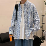 Riolio  New Men's Spliced polo Collar Button Print Fashion Loose Versatile Casual Long Sleeves Shirts