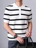 Riolio  Summer Daily Casual Mens Slim Polo Shirt Knitted Striped Crochet Polo Shirts Men Vintage Buttoned Polo Neck Knitting Polos