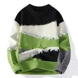 Riolio men's winter outfits Hole Fringed Sweaters Retro Tasseled Knitwear Patchwork Color Knitwear Round Neck Pullover Knit Sweater Couple Long Sleeve Tops