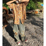 Riolio  Retro Floral Boyfriend Summer New Patchwork Shirt Collar Button Comfortable and Loose All Match Casual Short Sleeved Shirts