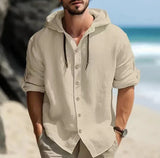 Riolio Summer Men's Linen Shirt Solid Streetwear Long Sleeve Hoodie Cardigan Clothing For Men Button Tops Casual Loose Men Hooded Shirt