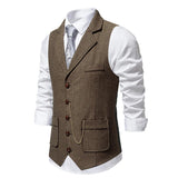 Riolio Men's Retro Lapel Chain Vest Fashion Herringbone Coarse Tweed Pockets Suit Vest British Casual Vintage Gentleman Leisure Party