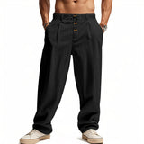 Riolio  Men's High Waist Linen Wide Leg Pants with Button Detail Elastic Drawstring Casual Trousers for Men