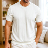 Riolio  European American Men's Short-sleeved T-shirt Jacquard Sweater Round Neck Ribbed Pullover Top