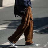 Riolio  Loose Waist Corduroy Casual Pants Straight Slim Design Wide Loose American Style Sensual Pants Men