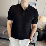 Riolio Men's Polo Shirt Summer New Thin Knitted Hollow Striped Jacquard Solid Short Sleeved V-neck T-shirt Casual Men's Clothing