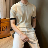 Riolio Men's Clothing Fashion Patchwork Tops Luxury High Quality Knit O Neck Short-sleeved T-shirt Leisure Popular Retro Slim Knitwear