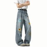 Riolio  Washed Embroidered Jeans Loose Fit Straight Wide Leg Casual Denim Pants Fashion Trendy Streetwear Trousers Comfort