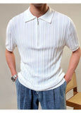 Riolio Zipper Knitted Short-sleeved Polo Shirt Men Summer American Retro Commuting Loose Vertical Striped Pit Strip Lapel T-shirt Men
