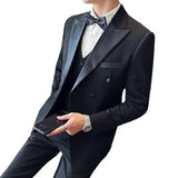 Riolio  Men's Wedding Suit Tuxedo Double Breasted Three Piece Set Fashionable Korean Style Shawl Collar Cotton Blend Fabric