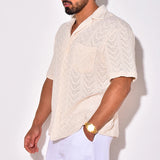 Riolio Summer Trendy Breathable Knit Mens Shirt Short Sleeve Lapel Buttoned Knitted Tops Beach Style Vintage Jacquard Crochet Knitwear