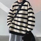 Riolio  Round neck casual and fashionable knit sweater trendy and popular winter pullover for men loose fit long sleeves striped