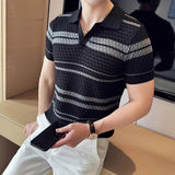 Riolio  New Fashion Hollow Out Polo Shirt Luxury Men's Clothing Korean Style Leisure V Neck Short Sleeve Patchwork Breathable Knitwear