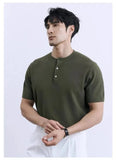 Riolio New Fashion American Style Men T-shirt Luxury Striped Knitted Henry Collar Tees Casual Solid Color Short Sleeve Breathable Tops