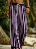 Riolio  Vacation Men Striped Beach Pants Bohemian Geometric Pattern Drawstring Loose Wide Leg Trousers Summer Casual Resort Wear