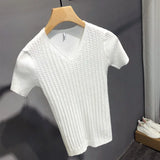 Men 2024 Summer New V Neck Knitted T-Shirts Men Clothing Slim Fit Casual Tops Male Short Sleeve Tee Shirt  Streetwear