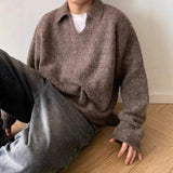 Riolio  Men's Knitted Polo Sweater Luxury Retro V Neck Solid Color Long Sleeve Pullover Winter Japanese Trending Premium Knitwear M-3XL