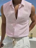 Riolio  Summer New Striped Sleeveless Shirt Men's Slim Breathable Collared Tank Top Lightweight Seersucker Textured Casual Open Vest