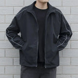 Riolio Jackets Men Autumn Pockets Casual Patchwork Loose Windbreaker Stripe Zipper Stand Collar Waterproof Outdoor Sports Bomber Jacket