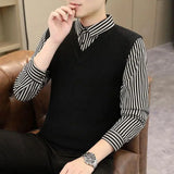 Riolio  New Men Long Sleeves Polo Shirt Autumn Fake Two Items Minimalist Flip Collar Striped Cootrast Color Casual Slim Daily Tops