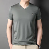 Riolio Silk V-Ne ort Sve T-irt Men's Pure Color Summer Ice Silk Feel High End Dad Clothes Faion Urban Busin Casual