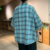 Riolio Men Clothing Summer Trendy Japanese Style Vintage Plaid Harajuku Shirt Casual Streetwear Y2K Oversized Short Sleeve Pocket Tops