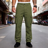 Riolio  Men's Cargo Pants Multi Pocket Solid Color Button Waist Casual Outdoor Work Trousers for Men