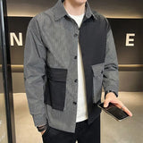 Riolio  Spring Autumn New Turn-down Collar Long Sleeve Fashion Shirt Man High Street Casual Striped Printing Pockets Patchwork Cardigan