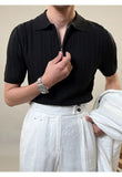 Riolio Zipper Knitted Short-sleeved Polo Shirt Men Summer American Retro Commuting Loose Vertical Striped Pit Strip Lapel T-shirt Men