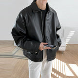 Riolio New Men's Casual Textured PU Leather Jacket Fashion Zipper Turn-down Collar Long Sleeve Coats High Quality  Korean Style Outfits