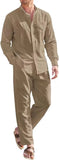 Riolio Mens Casual Linen Two Piece Sets Europe Style Vintage Basic Tops and Solid Pants Suit Male Beach Tracksuits Set