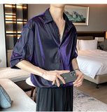 Riolio Men Shiny Design Casual Shirt Trendy Handsome Shirts Fashion Loose Half Sleeve Tops Korean Style Personality Clothing