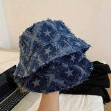 Riolio  Man Vintage Denim Bucket Hat with Star Embroidery Wide Brim Sun Casual Summer Cap for Women Machine Washable