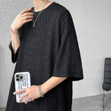 Riolio  Summer Texture Short Sleeve Men T Shirt Korean Style Loose O Neck Fashion Casual  Cool Tshirt Oversized Hollow out Tops White