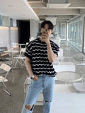 Riolio Summer Men's Knit Jacquard Short Sleeve T-shirts Striped Hollow Out Casual Tshirts New Y2K Vintage Streetwear Tee Tops