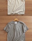 Riolio Bamboo Joint Cotton Shirt Breathable Henry Neck Tough Guy Casual Short-sleeved T-shirt Men's Summer Sports Retro Top